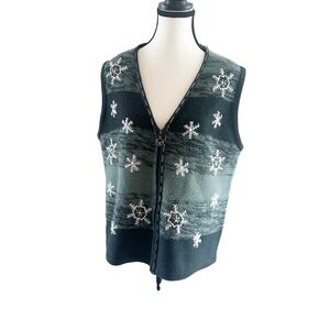 Vintage 90’s Green Women's Sweater Vest w/ Snowflake design Zipper Closure Large